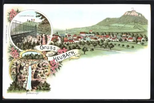 Lithographie Heubach, Rosensteinbrücke, Teufelsklinge, Ortsansicht mit Kirche