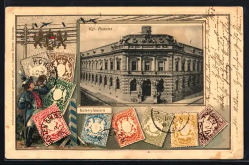 Lithographie Kaiserslautern, Königliches Postamt, Postbote mit Briefmarken, Passepartout