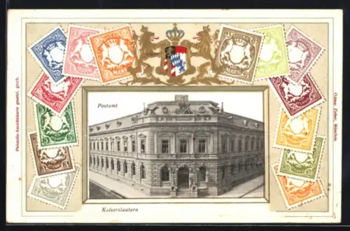 Lithographie Kaiserslautern, Postamt, Wappen mit Briefmarken, Passepartout