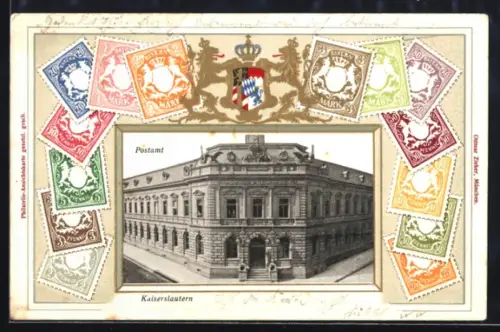 Lithographie Kaiserslautern, Postamt, Wappen mit Briefmarken, Passepartout