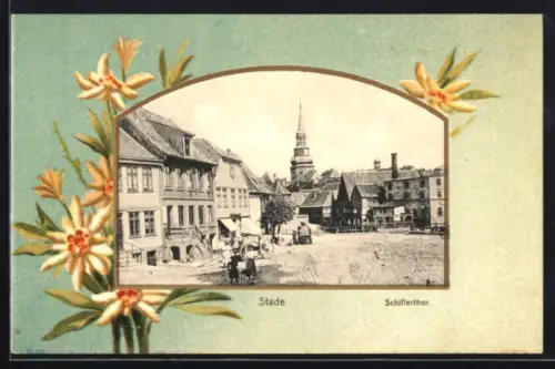 Grusskarten-AK Stade, Schifferthor im Passepartout mit gelbem Blumen