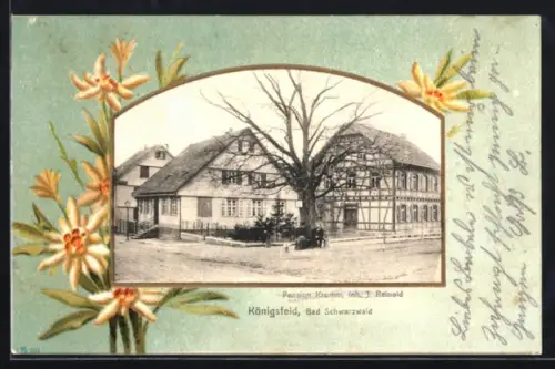 Passepartout-Lithographie Königsfeld /Baden, Pension Krumm J. Reinold, Edelweiss