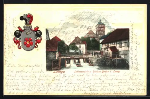 Passepartout-Lithographie Lemgo, Schlossmühle und Schloss Brake, Wappen