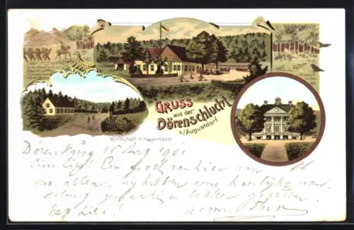 Lithographie Dörenschlucht b. Augustdorf, Gasthaus H. Hagemann, Jagdschloss Lepshorn