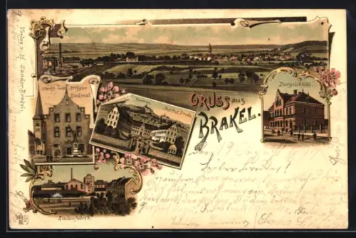 Lithographie Brakel, Markt mit Kriegerdenkmal, Postgebäude, Zuckerfabrik