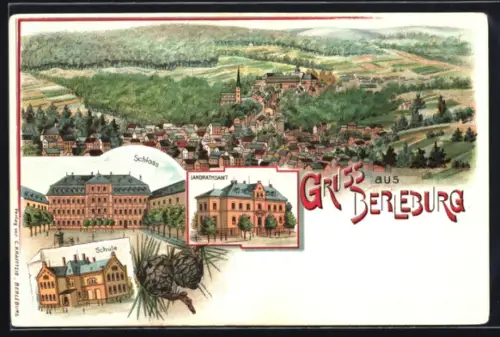 Lithographie Berleburg, Schloss, Schule, Landrathsamt