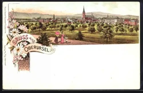 Lithographie Oberursel, Ortsansicht mit Kirche