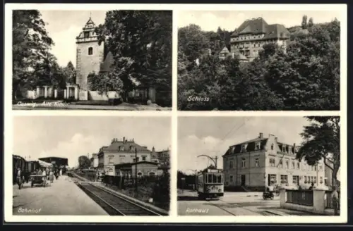 AK Coswig, Bahnhof, Alte Kirche, Schloss, Rathaus mit Strassenbahn