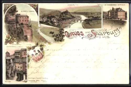 Lithographie Saarburg, Gesamtansicht, Klause b. Castel, Leuckwasserfall m. Mühlen