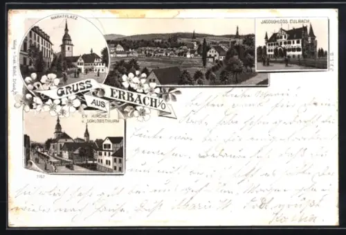 Lithographie Erbach i. O., Jagdschloss Eulbach, Marktplatz, Ev. Kirche