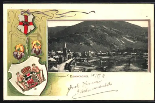 Passepartout-Lithographie Berncastel, Ortsansicht mit Brücke, Wappen