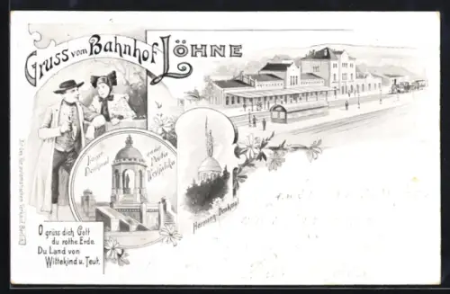Lithographie Löhne, Bahnhof, Kaiserdenkmal, Hermann-Denkmal