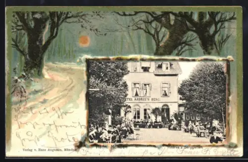 Grusskarten-AK Hann. Münden, Gasthof Andree`s Berggarten, Verschneiter Wald