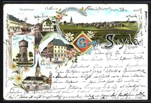 Lithographie Sayda i. Erzgeb., Kirche, Wasserthurm, Hauptstrasse
