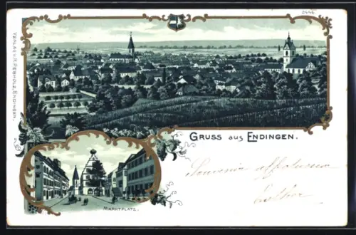 Lithographie Endingen / Kaiserstuhl, Marktplatz und Totalansicht