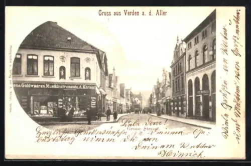 AK Verden a. d. Aller, Goldwaaren, Musikinstrumente A. Körner, Grosse Strasse