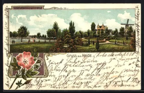 Lithographie Heide, Ortsansicht mit Uferpartie und Windmühle