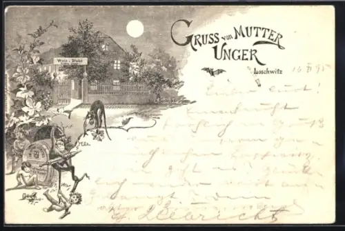 Vorläufer-Lithographie Dresden-Loschwitz, 1895, Gasthof Mutter Unger im Mondschein