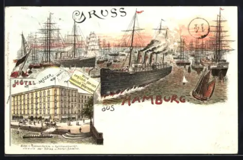 Lithographie Hamburg, Hotel Moser, Schiffe im Hafen, Dampfer um 1900