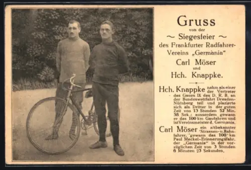 AK Frankfurt a. M., Siegesfeier des Radfahrer-Vereins Germania, Carl Möser und Hch. Knappke