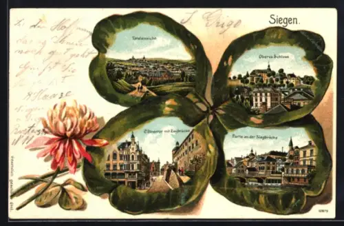 Passepartout-Lithographie Siegen, Cölnertor mit Zugbrücke, Oberes Schloss, Totalansicht, Kleeblatt