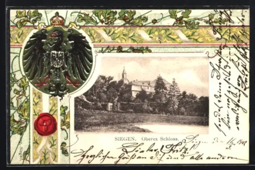 Passepartout-Lithographie Siegen, Oberes Schloss, Wappen und Eichenlaub