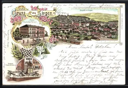 Lithographie Siegen, Hotel Deutscher Kaiser, Denkmal Kaiser Wilhelm I., Totalansicht