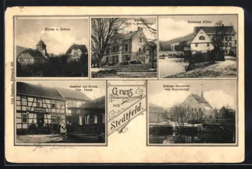 AK Stedtfeld, Harseims Mühle, Gasthof zur Krone, Bes. Chr. Frank, Kirche und Schule