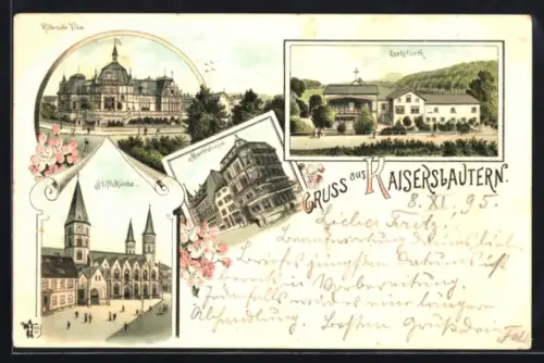 Lithographie Kaiserslautern, Marktstrasse, Ritter`sche Villa, Stiftskirche, Eselsfurth