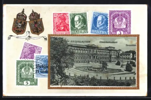 AK Kaiserslautern, Gewerbemuseum und Turnerheim, Passepartout mit Briefmarken und Wappen