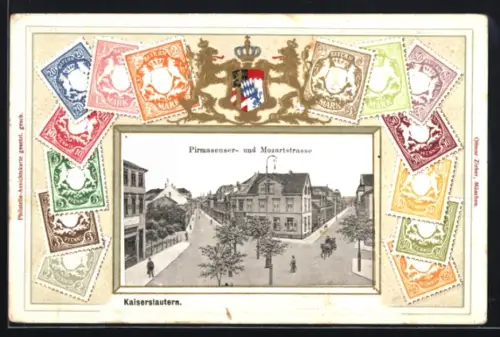 Präge-AK Kaiserslautern, Pirmsasenser- und Mozartstrasse, Briefmarken-Passepartout