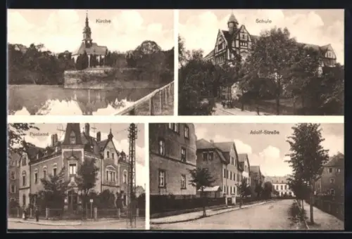 AK Flöha i. Sa., Kirche, Schule, Postamt und Adolf-Strasse
