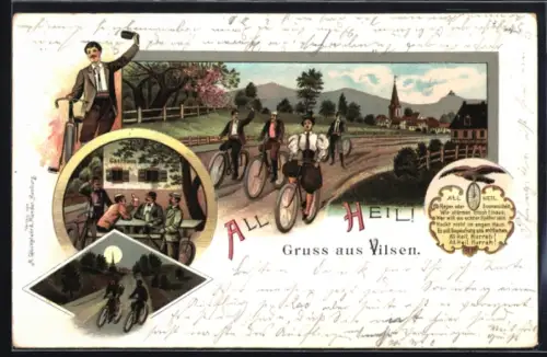 Lithographie Vilsen, Radfahrer auf der Strasse und im Gasthaus