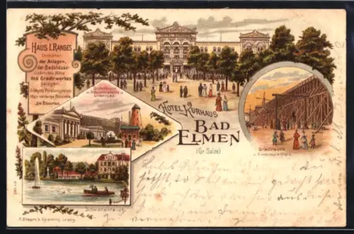 Lithographie Bad Elmen, Blick auf Hotel Kurhaus, Schwanenteich und Gradirwerk