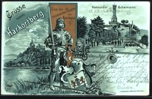 Lithographie Wetter a. d. Ruhr, Harkortberg, Restaurant Schemann, Ritter in Rüstung
