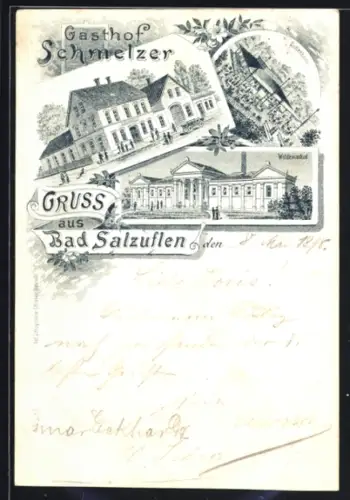 Lithographie Bad Salzuflen, Gasthof Schmelzer, Kaffeehaus, Woldemarbad