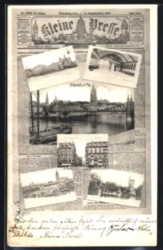 Zeitungs-AK Frankfurt a. M., Titelblatt Kleine Presse 3.9.1901, Postkarten-Ansichten Hauptbahnhof, Zoolog. Garten