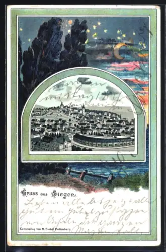 Passepartout-Lithographie Siegen, Totalansicht, Seepartie mit Mond u. Sternen