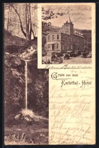 AK Karlsthal, Karlsthal-Hotel mit Kutschen, Wasserfall