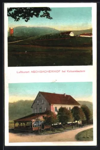 AK Kaiserslautern, Gasthaus-Pension Aschbacherhof J. Grün mit Veranda, Turm u. umgebender Landschaft