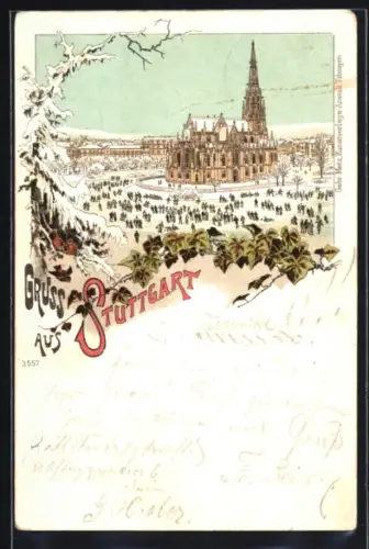 Winter-Lithographie Stuttgart, Kirche mit Eisfläche und Schlittschuhläufern