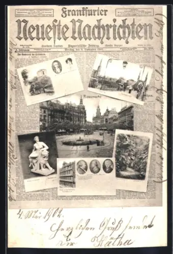 Zeitung-AK Frankfurt a. M., Frankfurter Neueste Nachrichten, Titelseite 3.9.1901, mit Rossmarkt, Postkarten-Ansichten