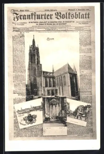 Zeitung-AK Frankfurt a. M., Frankfurter Volksblatt, Titelseite 4.9.1901, mit Dom, Postkarten-Ansichten Zeil, Eis. Steg