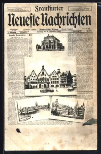 Zeitung-AK Alt-Frankfurt, Frankfurter Neueste Nachrichten, Titelseite 8.9.1901, mit Römer, Postkarten