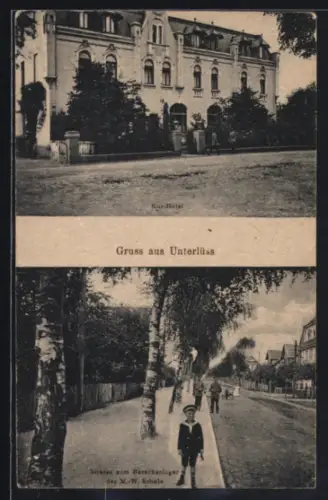 AK Unterlüss, Kur-Hotel, Strasse zum Barackenlager, Soldaten, Knabe