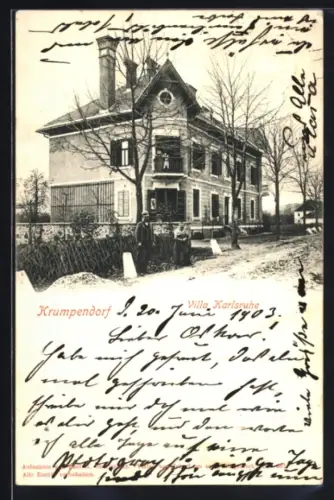 AK Krumpendorf, Villa Karlsruhe mit kleiner Versammlung