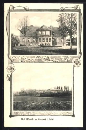 AK Neustadt i. Holst., Gut Körnik, Ornament-Rahmen mit Blumen