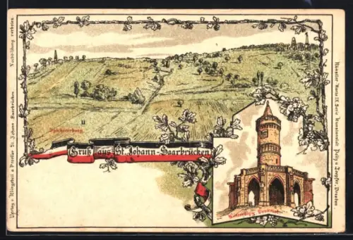 Lithographie St. Johann-Saarbrücken, Spichererberg, Winterberg-Denkmal, Eichenblattrahmen, Nationalfarben
