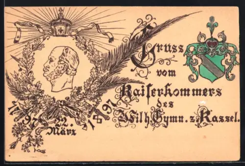 Künstler-AK Kassel, Kaiserkommers des Wilh. Gymnasium 1897, Kaiserportrait, Krone, Ehrenkranz, Wappen