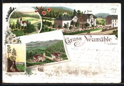 Lithographie Neumühle, Gasthaus mit Gartenlokal, Kirche, Ortsansicht